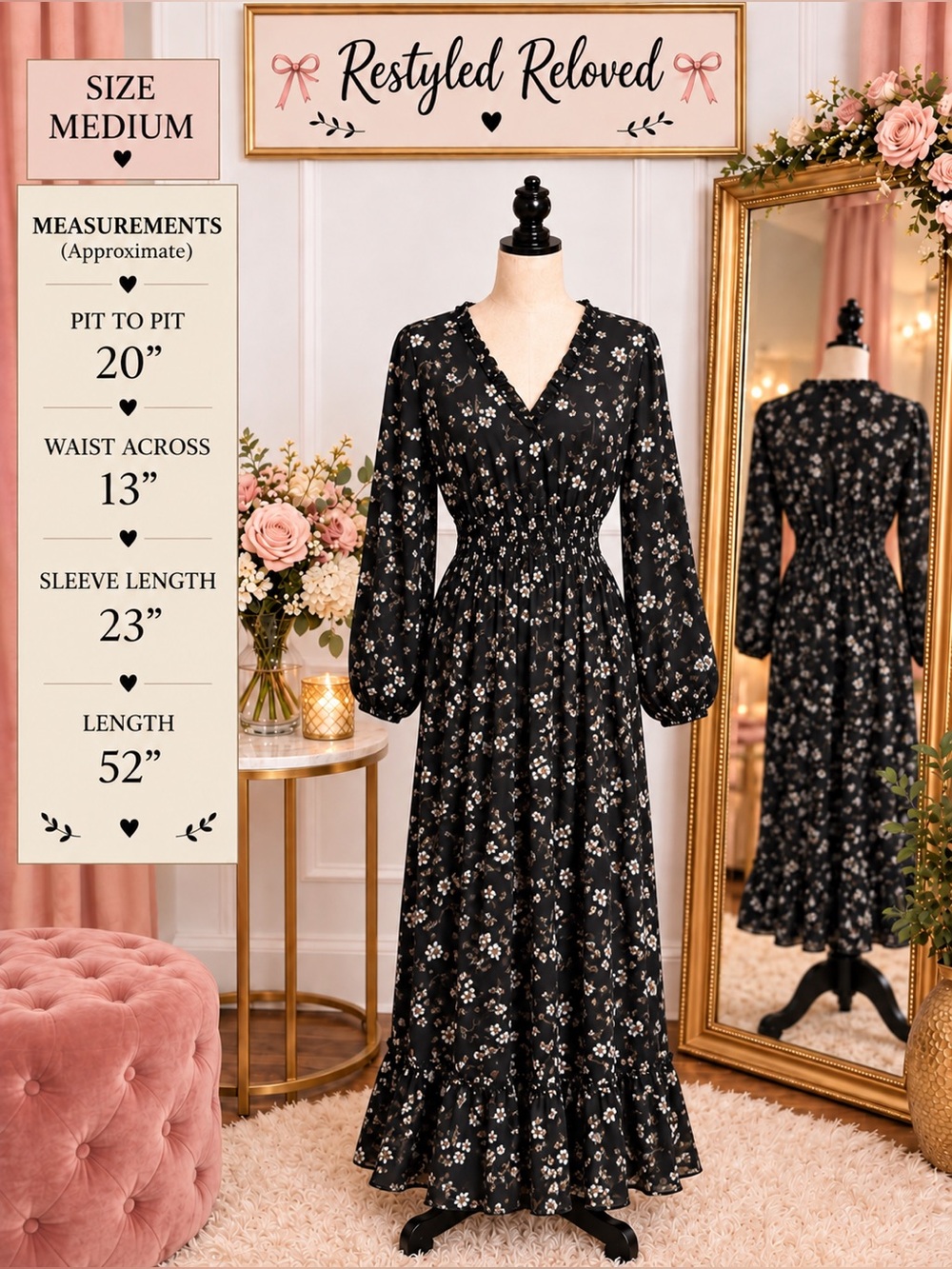 Yesfashion Black Floral Boho Maxi Dress | Long Balloon Sleeves | Size Medium